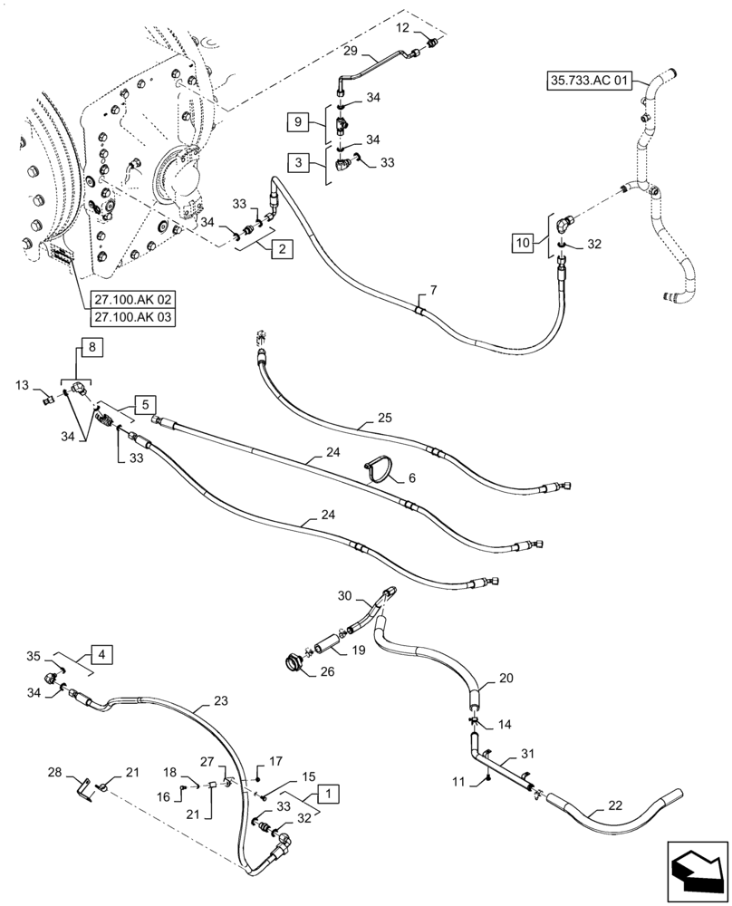 Схема запчастей Case IH STEIGER 470 - (35.733.AC[02]) - REAR AXLE LUBRICATION LINES, W/O DIFFERENTIAL LOCK (35) - HYDRAULIC SYSTEMS