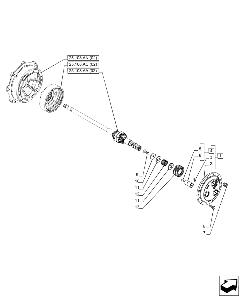 Схема запчастей Case IH PUMA 165 - (25.108.AB[02]) - VAR - 758045 - FRONT AXLE, SUSPENDED, PLANETARY GEAR (25) - FRONT AXLE SYSTEM