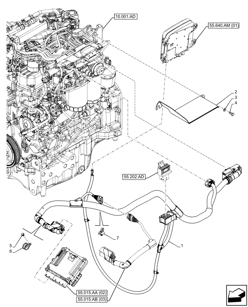 Схема запчастей Case IH FARMALL 85C - (55.015.AB[04]) - VAR - 334216 - ENGINE, ELECTRIC CABLE, CAB (55) - ELECTRICAL SYSTEMS