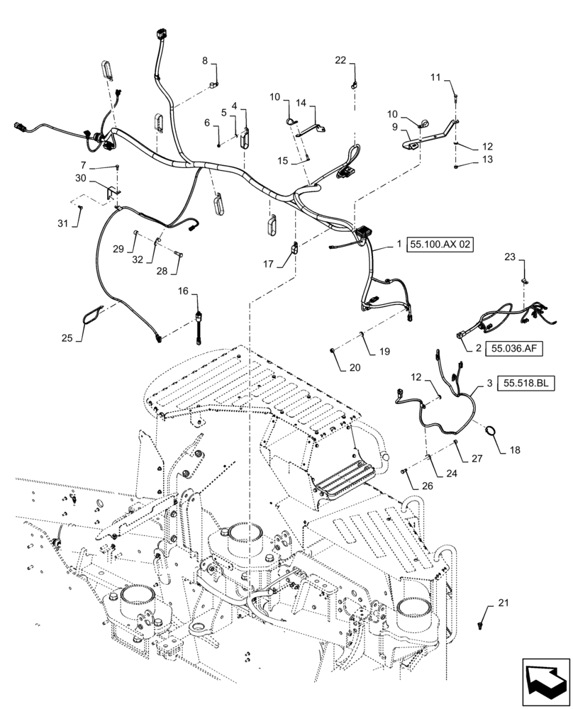 Схема запчастей Case IH QUADTRAC 500 - (55.100.AX[01]) - FRONT FRAME HARNESS MOUNTING, BSN ZFF308000 (55) - ELECTRICAL SYSTEMS