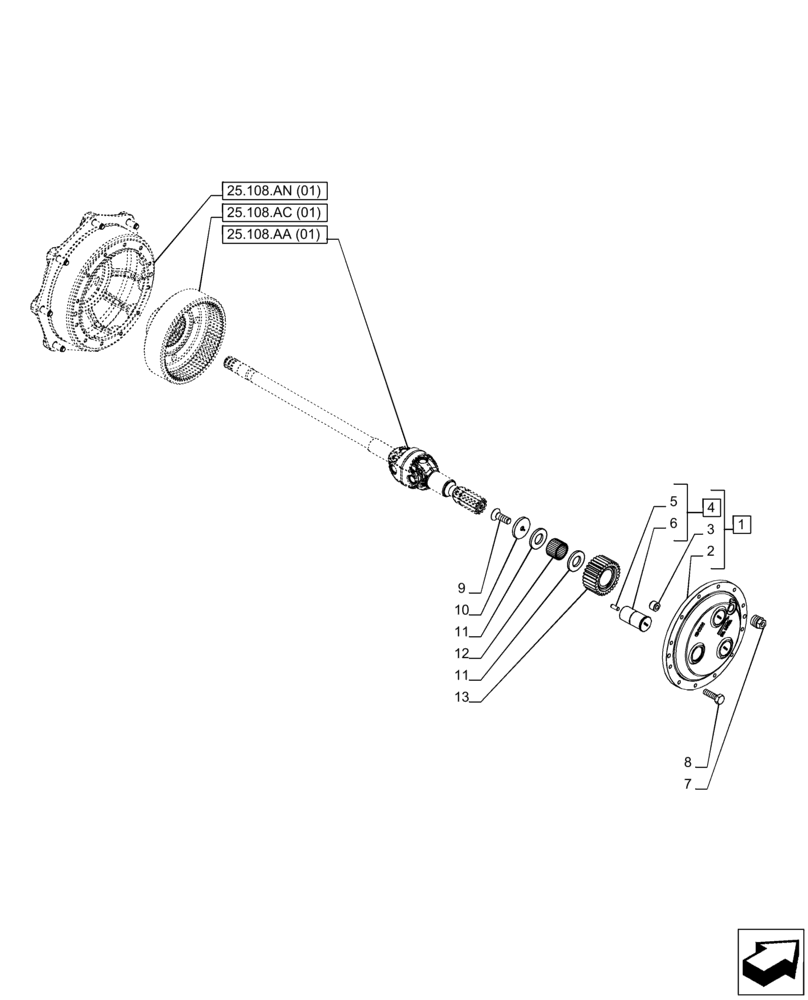 Схема запчастей Case IH PUMA 165 CVT - (25.108.AB[01]) - VAR - 391156 - 4WD FRONT AXLE, PLANETARY GEAR (25) - FRONT AXLE SYSTEM