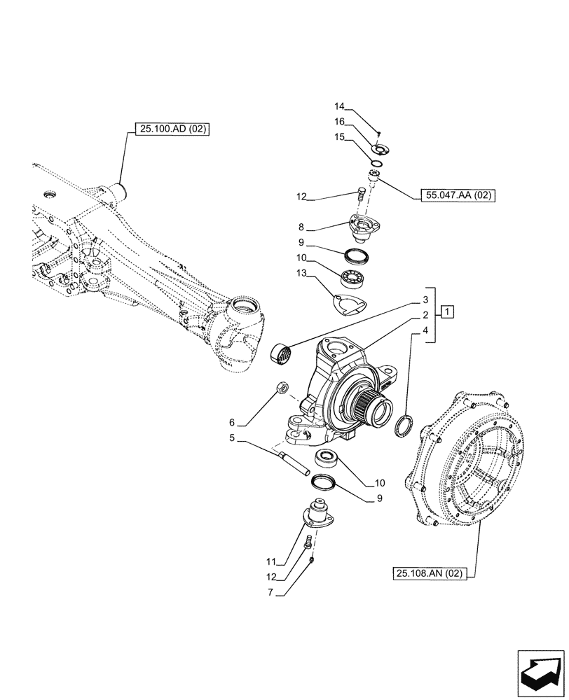 Схема запчастей Case IH PUMA 165 - (25.108.AG[03]) - VAR - 758045 - FRONT AXLE, SUSPENDED, STEERING KNUCKLE, RH (25) - FRONT AXLE SYSTEM