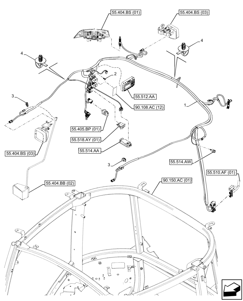 Схема запчастей Case IH FARMALL 115C - (55.510.AH) - VAR - 336754, 391754 - HARNESS, ROOF-MOUNTED, CAB (55) - ELECTRICAL SYSTEMS