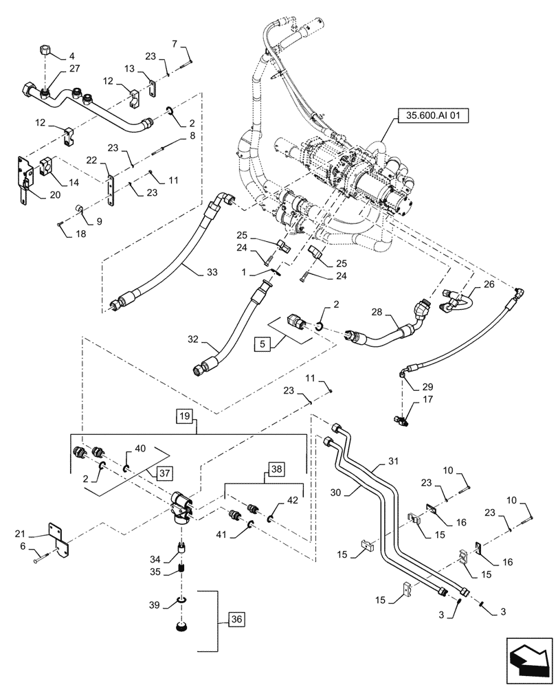 Схема запчастей Case IH QUADTRAC 500 - (35.600.BH[01]) - HIGH FLOW HYDRAULIC LINES, COOLER BY-PASS VALVE (BSN ZGF309204) (35) - HYDRAULIC SYSTEMS