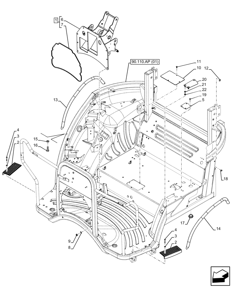 Схема запчастей Case IH FARMALL 105C - (90.110.AP[02]) - VAR - 334187, 334190, 392315, 743565, 743566, 743594 - PLATFORM, SPARK ARRESTER, HANDLE, W/O CAB (90) - PLATFORM, CAB, BODYWORK AND DECALS