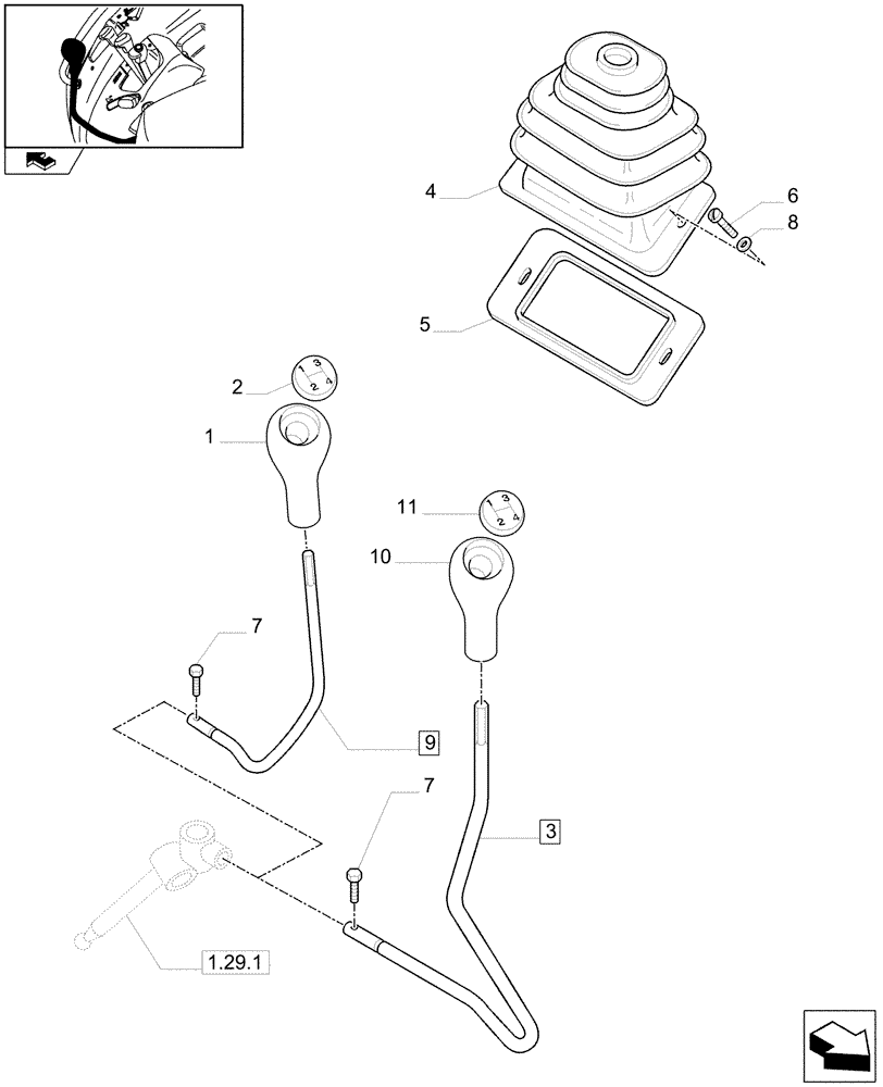 Схема запчастей Case IH FARMALL 95N - (1.92.29[01A]) - TRANSMISSION EXTERNAL SHIFTING CONTROLS - D7204 (10) - OPERATORS PLATFORM/CAB