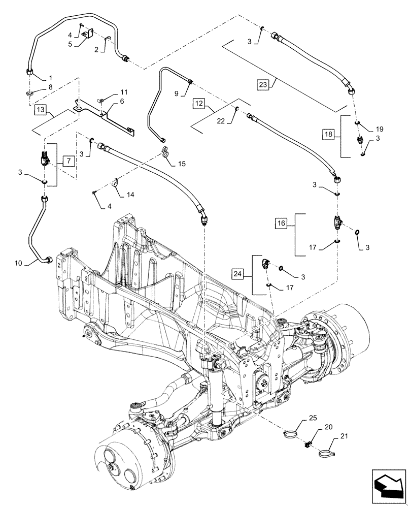 Схема запчастей Case IH MAGNUM 340 - (25.122.AD[04]) - VAR- 429199 - FRONT AXLE, SUSPENSION CYLINDER, HYDR LINES - CL 5 - BSN ZERF08099 (25) - FRONT AXLE SYSTEM