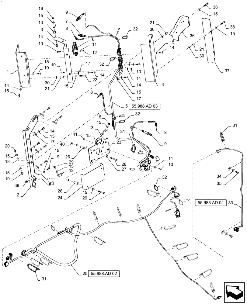 Схема запчастей Case IH QUADTRAC 500 - (55.988.AD[01]) - SCR EXHAUST SYSTEM HARNESS MOUNTING (55) - ELECTRICAL SYSTEMS