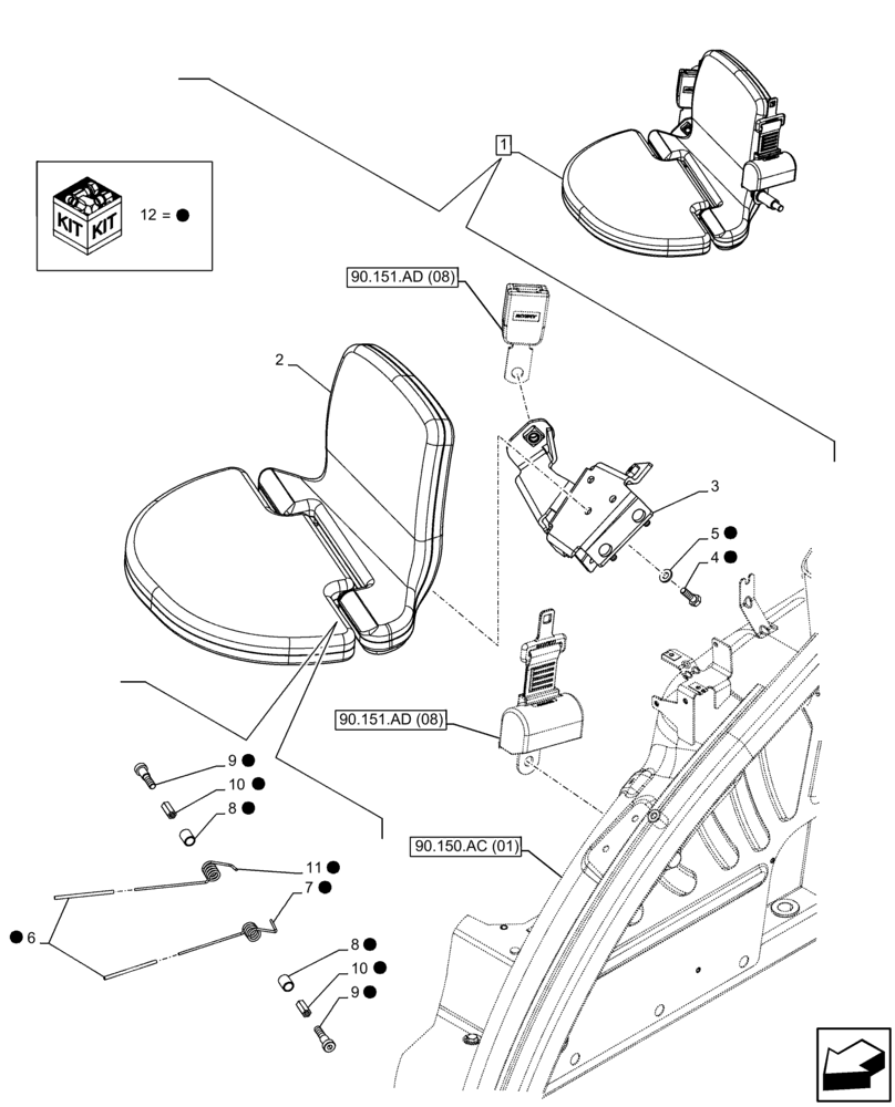 Схема запчастей Case IH FARMALL 115C - (90.151.AC[02]) - VAR - 334180, 334183, 744588 - PASSENGER SEAT, COMPONENTS, CAB - END YR 12-SET-2013 (90) - PLATFORM, CAB, BODYWORK AND DECALS