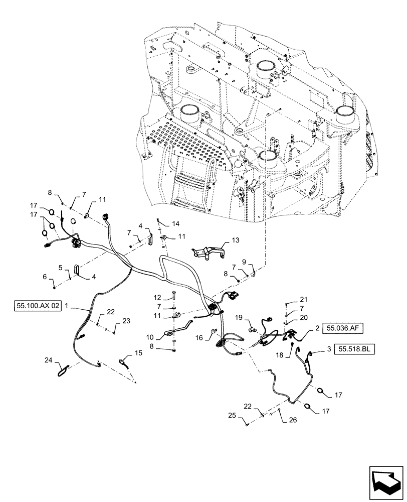 Схема запчастей Case IH STEIGER 620 - (55.100.AX[01]) - FRONT FRAME HARNESS MOUNTING, BSN ZFF308000 (55) - ELECTRICAL SYSTEMS