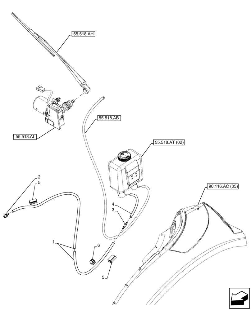Схема запчастей Case IH FARMALL 105C - (55.518.AP[02]) - VAR - 334183, 744588 - WINDSHIELD WASH RESERVOIR, HOSE, CAB (55) - ELECTRICAL SYSTEMS