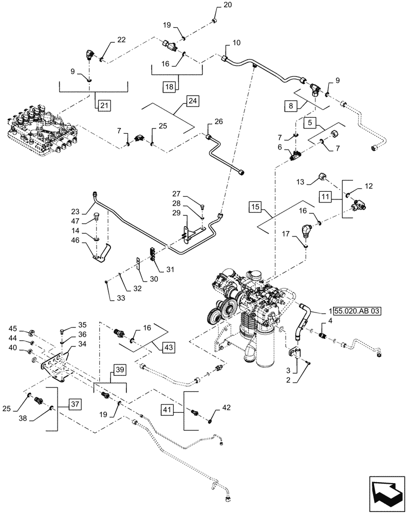 Схема запчастей Case IH MAGNUM 200 - (21.105.BL[04]) - VAR- 429326, 729571 - TRANSMISSION LUBRICATION LINES - POWERSHIFT - BSN ZERH08099 (21) - TRANSMISSION