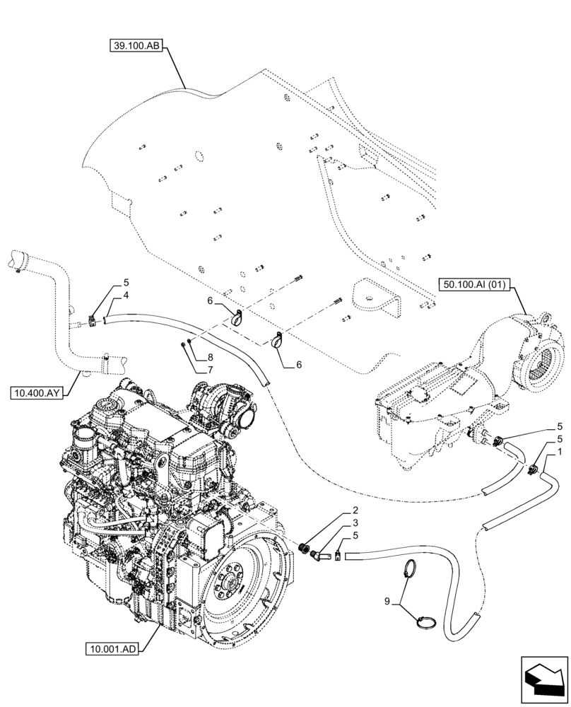 Схема запчастей Case IH FARMLIFT 742 - (50.100.AQ) - VAR - 702002, 749193 - CAB, HEATER HOSE (50) - CAB CLIMATE CONTROL