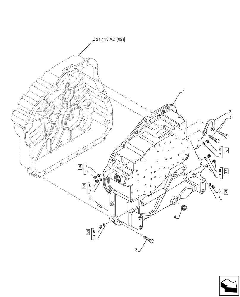 Схема запчастей Case IH FARMLIFT 635 - (21.113.AD[03]) - TRANSMISSION, POWERSHIFT, HOUSING (21) - TRANSMISSION