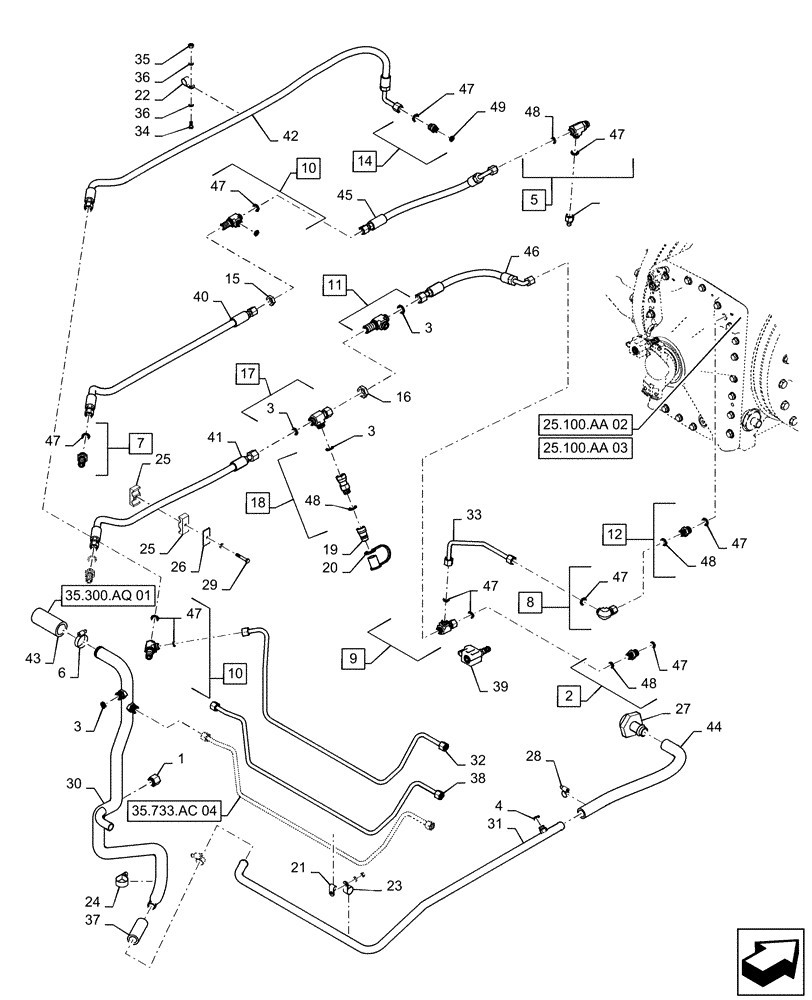 Схема запчастей Case IH STEIGER 420 - (35.733.AC[03]) - FRONT AXLE LUBRICATION LINES, W/ DIFFERENTIAL LOCK (35) - HYDRAULIC SYSTEMS