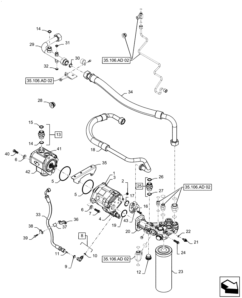 Схема запчастей Case IH MAGNUM 2654 - (35.106.AD[01]) - VAR- 420301, 420302 - POWERSHIFT - HYDRAULIC SYSTEM, PISTON PUMP & FILTER, STANDARD & HIGH CAPACITY - BSN ZERF09032 (35) - HYDRAULIC SYSTEMS