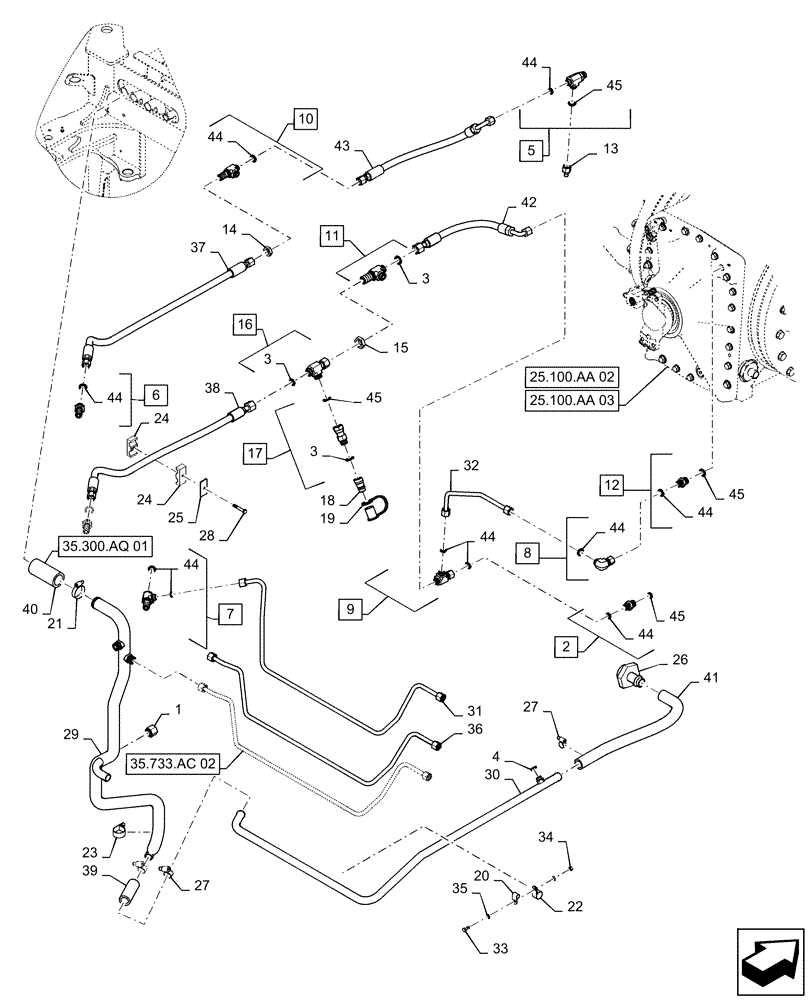 Схема запчастей Case IH STEIGER 420 - (35.733.AC[01]) - FRONT AXLE LUBRICATION LINES, W/O DIFFERENTIAL LOCK (35) - HYDRAULIC SYSTEMS