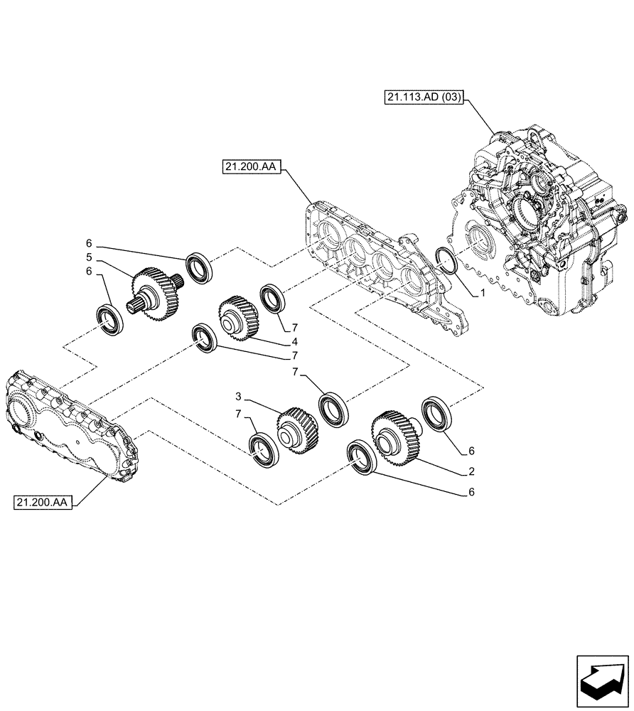 Схема запчастей Case IH FARMLIFT 635 - (21.155.AY) - TRANSMISSION, POWERSHIFT, SHAFT, OUTLET (21) - TRANSMISSION