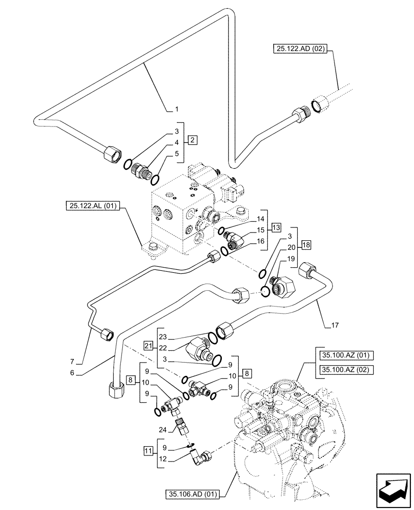 Схема запчастей Case IH PUMA 200 - (25.122.AD[01]) - VAR - 337416, 758064, 758065, 758066 - FRONT AXLE, SUSPENDED, CONTROL VALVE, LINE, POWERSHIFT (25) - FRONT AXLE SYSTEM