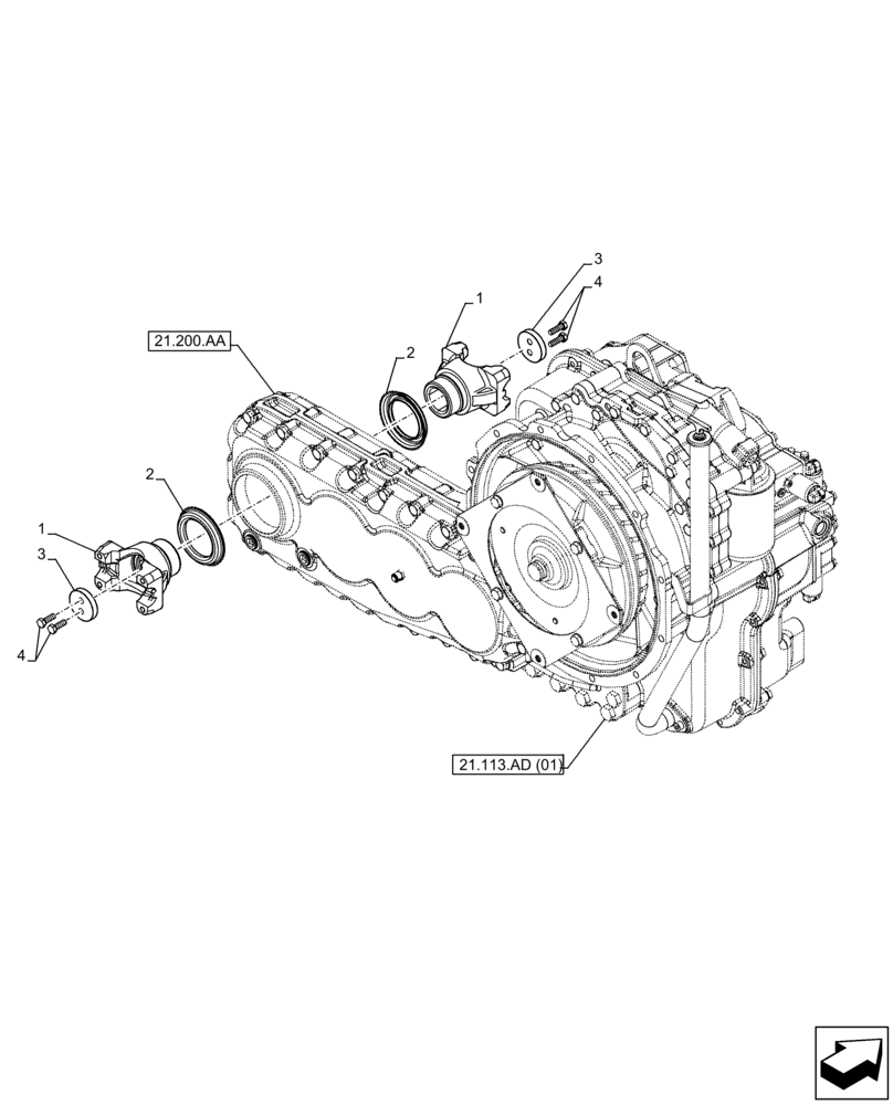 Схема запчастей Case IH FARMLIFT 635 - (21.155.BA) - TRANSMISSION, POWERSHIFT, SHAFT, OUTLET, FLANGE (21) - TRANSMISSION