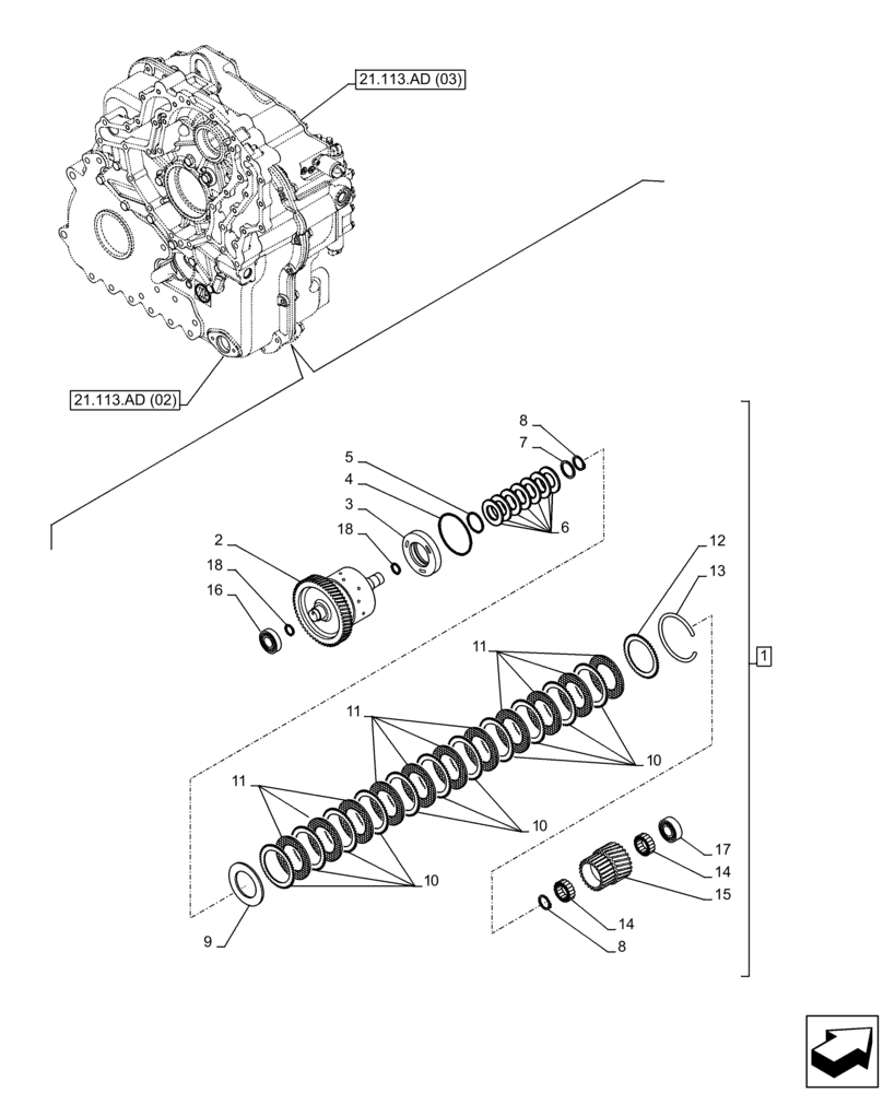 Схема запчастей Case IH FARMLIFT 735 - (21.155.AA[03]) - TRANSMISSION, POWERSHIFT, CLUTCH, K1 (1ST GEAR) (21) - TRANSMISSION