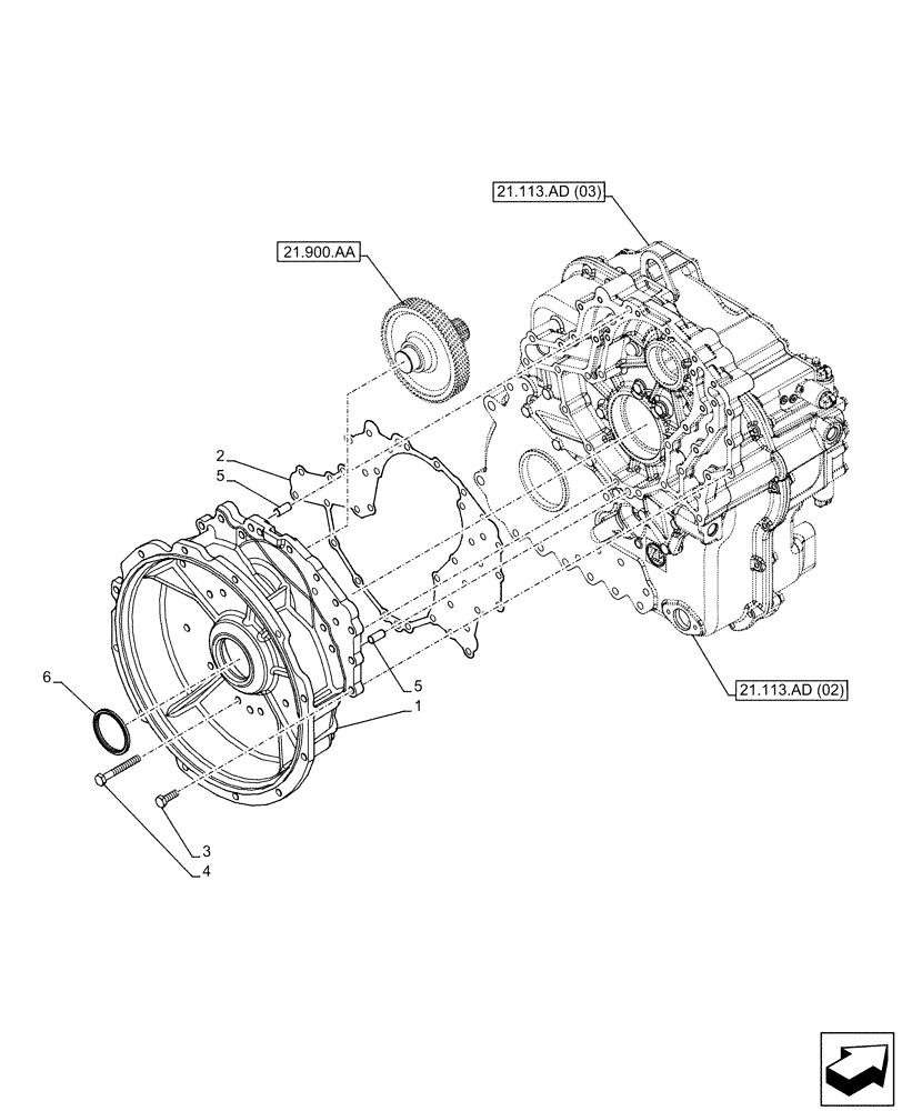 Схема запчастей Case IH FARMLIFT 635 - (21.113.AU) - TRANSMISSION, POWERSHIFT, TORQUE CONVERTER, HOUSING (21) - TRANSMISSION