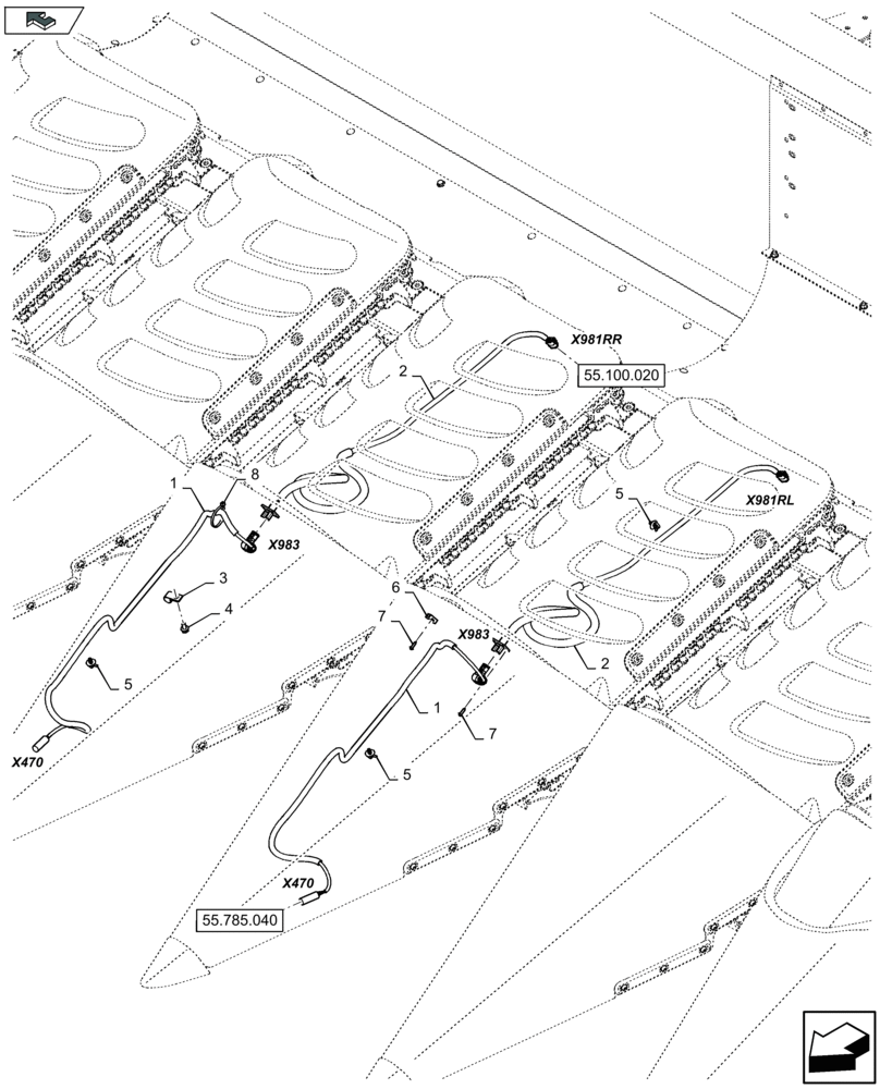 Схема запчастей Case IH 4412F-30 - (55.785.030) - ROW GUIDANCE CABLE HARNESS (55) - ELECTRICAL SYSTEMS