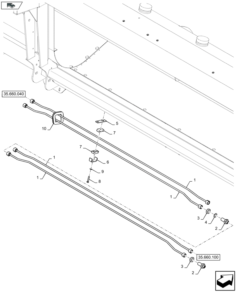 Схема запчастей Case IH 4412F-30 - (35.660.080) - HYDRAULIC FLIP UP TUBES FROM LH VALVE TO RH VALVE (35) - HYDRAULIC SYSTEMS