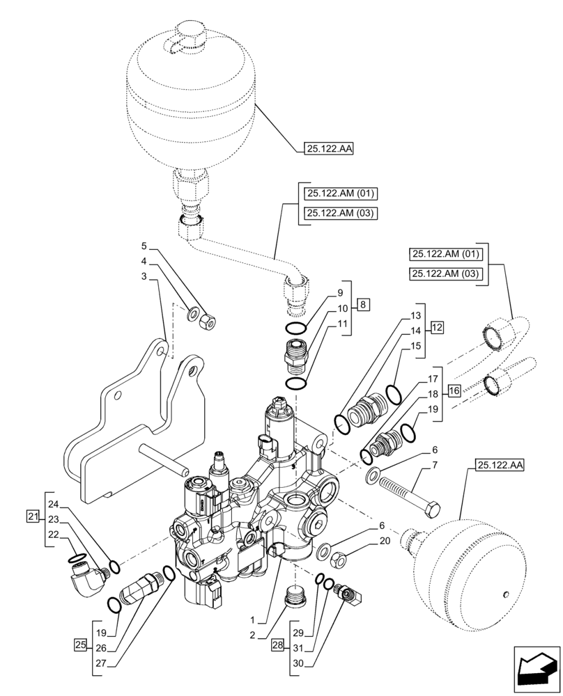 Схема запчастей Case IH PUMA 150 - (25.122.AL) - VAR - 758045, 758046 - FRONT AXLE, SUSPENDED, CONTROL VALVE (25) - FRONT AXLE SYSTEM