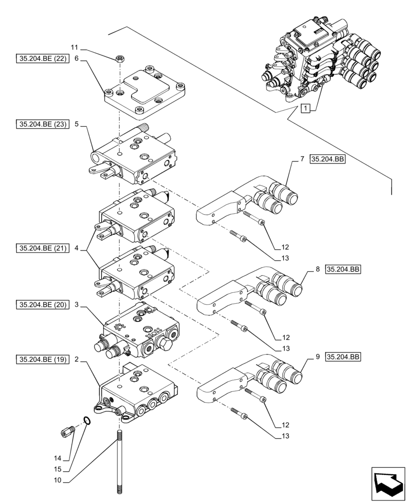 Схема запчастей Case IH PUMA 165 - (35.204.BE[04]) - VAR - 758057 - 3 REMOTE CONTROL VALVE (MHR), COMPONENTS (35) - HYDRAULIC SYSTEMS