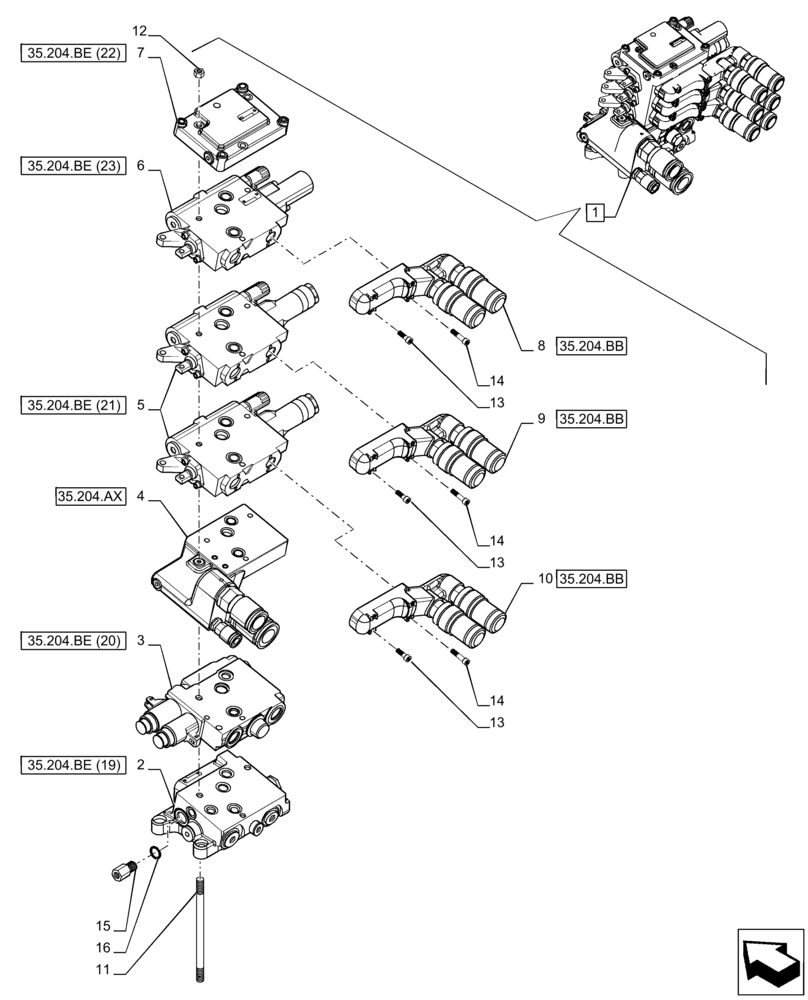 Схема запчастей Case IH PUMA 165 - (35.204.BE[06]) - VAR - 758057 - 3 REMOTE CONTROL VALVE (MHR W/PB), COMPONENTS (35) - HYDRAULIC SYSTEMS