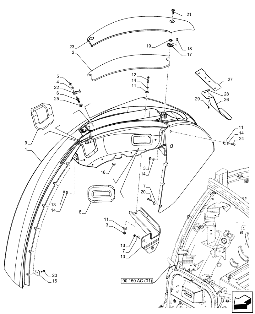 Схема запчастей Case IH FARMALL 85C - (90.116.AC[12]) - VAR - 743599, 744599 - REAR FENDER, SPECIAL COLOR (BLACK), CAB (90) - PLATFORM, CAB, BODYWORK AND DECALS