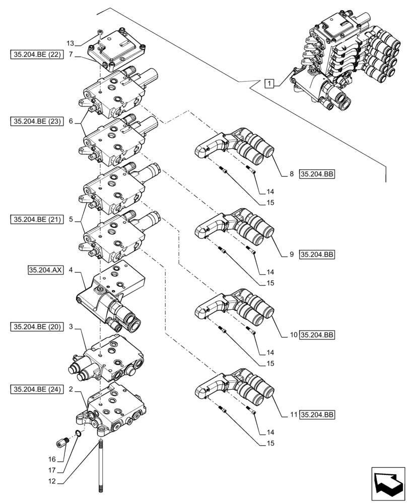 Схема запчастей Case IH PUMA 165 CVT - (35.204.BE[18]) - VAR - 758058 - 4 REMOTE CONTROL VALVE (MHR W/PB), COMPONENTS (35) - HYDRAULIC SYSTEMS