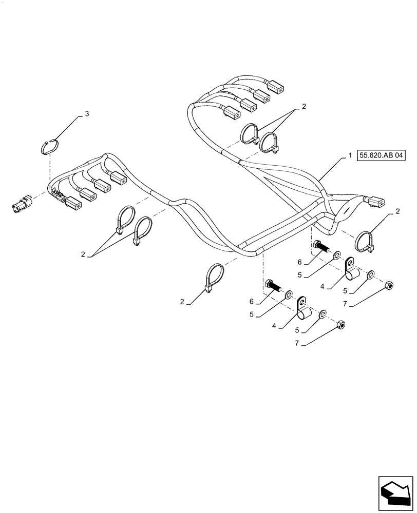 Схема запчастей Case IH QUADTRAC 620 - (55.620.AB[03]) - VAR - 420403, 424826, 427827 - EHR CONTROL VALVE HARNESS MOUNTING, 5, 6, 8 SPOOL (55) - ELECTRICAL SYSTEMS