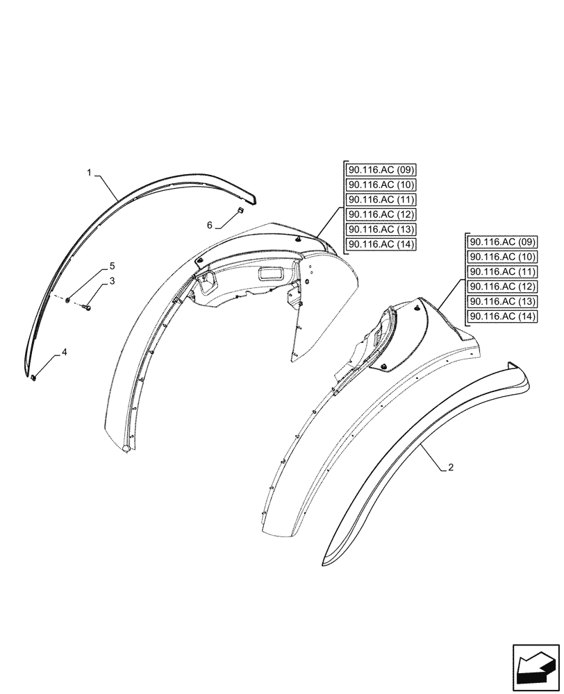 Схема запчастей Case IH FARMALL 105C - (90.116.AC[16]) - VAR - 744599 - REAR FENDER EXTENSION, WIDE (90) - PLATFORM, CAB, BODYWORK AND DECALS