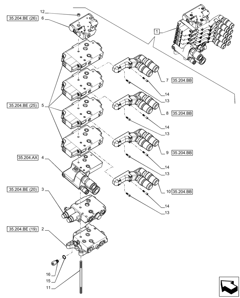 Схема запчастей Case IH PUMA 165 - (35.204.BQ[08]) - VAR - 758060 - 4 REMOTE CONTROL VALVE (EHR W/PB), COMPONENTS (35) - HYDRAULIC SYSTEMS