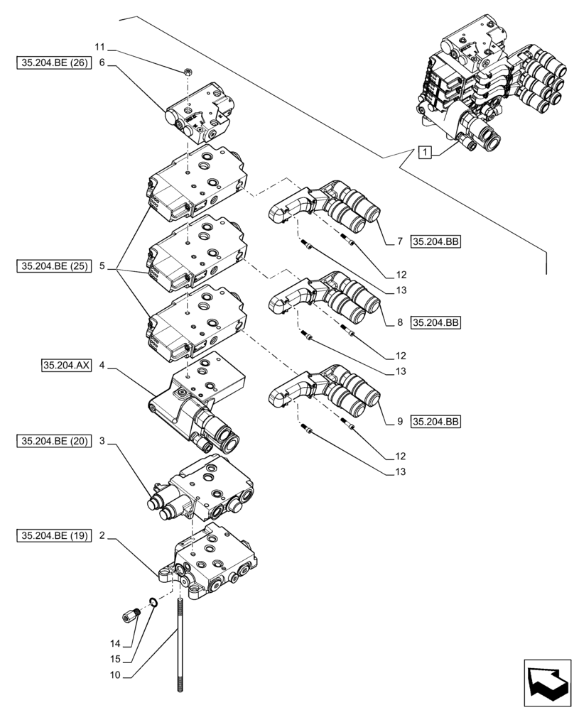 Схема запчастей Case IH PUMA 165 - (35.204.BQ[04]) - VAR - 391165 - 3 REMOTE CONTROL VALVE (EHR W/PB), COMPONENTS (35) - HYDRAULIC SYSTEMS