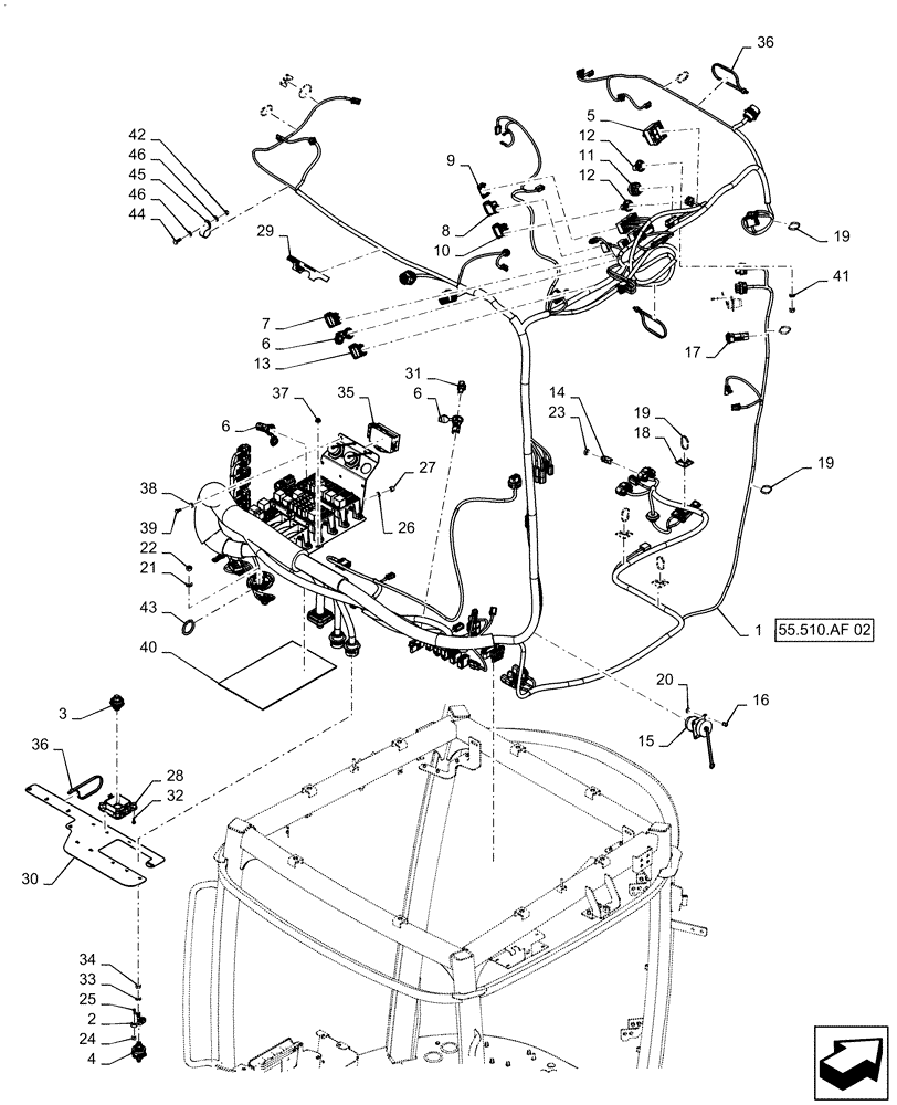 Схема запчастей Case IH STEIGER 500 - (55.510.AF[01]) - CAB MAIN WIRE HARNESS MOUNTING, BSN ZFF308000 (55) - ELECTRICAL SYSTEMS