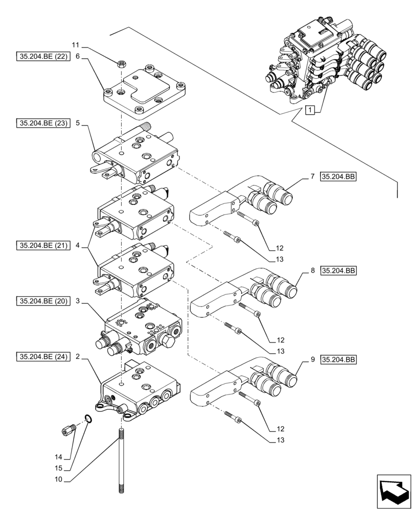 Схема запчастей Case IH PUMA 150 CVT - (35.204.BE[12]) - VAR - 391164 - 3 REMOTE CONTROL VALVE (MHR), COMPONENTS (35) - HYDRAULIC SYSTEMS