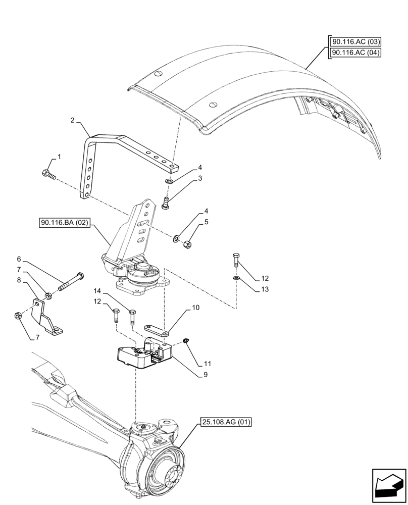 Схема запчастей Case IH FARMALL 115C - (90.116.BA[03]) - VAR - 744674 - DYNAMIC FRONT FENDER, SUPPORT (310MM), NARROW, 4WD (90) - PLATFORM, CAB, BODYWORK AND DECALS