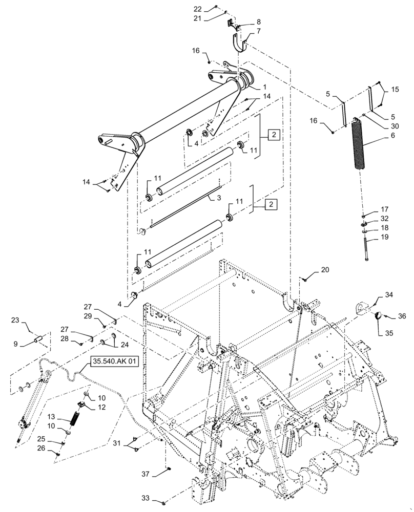 Схема запчастей Case IH RB455 - (62.140.AQ[01]) - VAR - 726813 - BALE TENSION TAKE UP ARM AND ONE SPRING, SINGLE HYD. CYLINDER, YFN188618 AND PRIOR (62) - PRESSING - BALE FORMATION