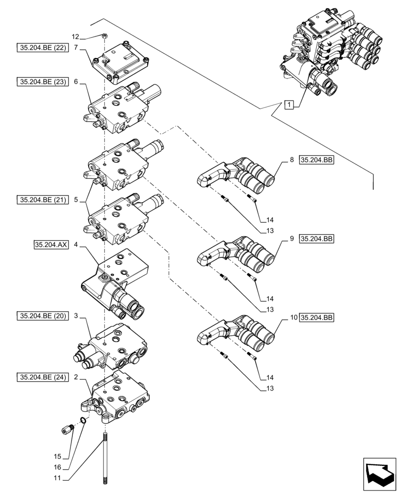 Схема запчастей Case IH PUMA 150 CVT - (35.204.BE[14]) - VAR - 391164 - 3 REMOTE CONTROL VALVE (MHR W/PB), COMPONENTS (35) - HYDRAULIC SYSTEMS