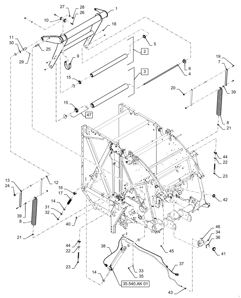 Схема запчастей Case IH RB465 - (62.140.AQ[02]) - VAR - 726813, 727097 - BALE TENSION TAKE UP ARM AND TWO SPRINGS, SINGLE HYD. CYLINDER, YFN188618 AND PRIOR (62) - PRESSING - BALE FORMATION