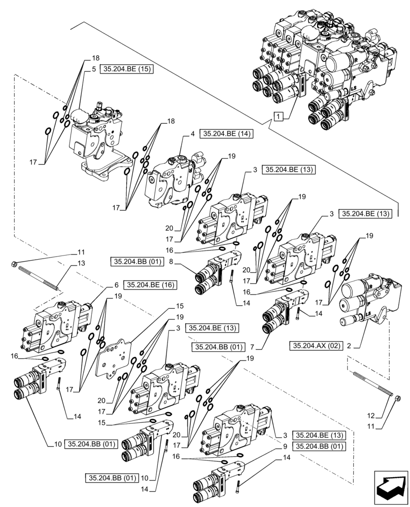 Схема запчастей Case IH PUMA 185 CVT - (35.204.BQ[12]) - VAR - 758061 - 5 REMOTE CONTROL VALVE (EHR W/PB), COMPONENTS (35) - HYDRAULIC SYSTEMS