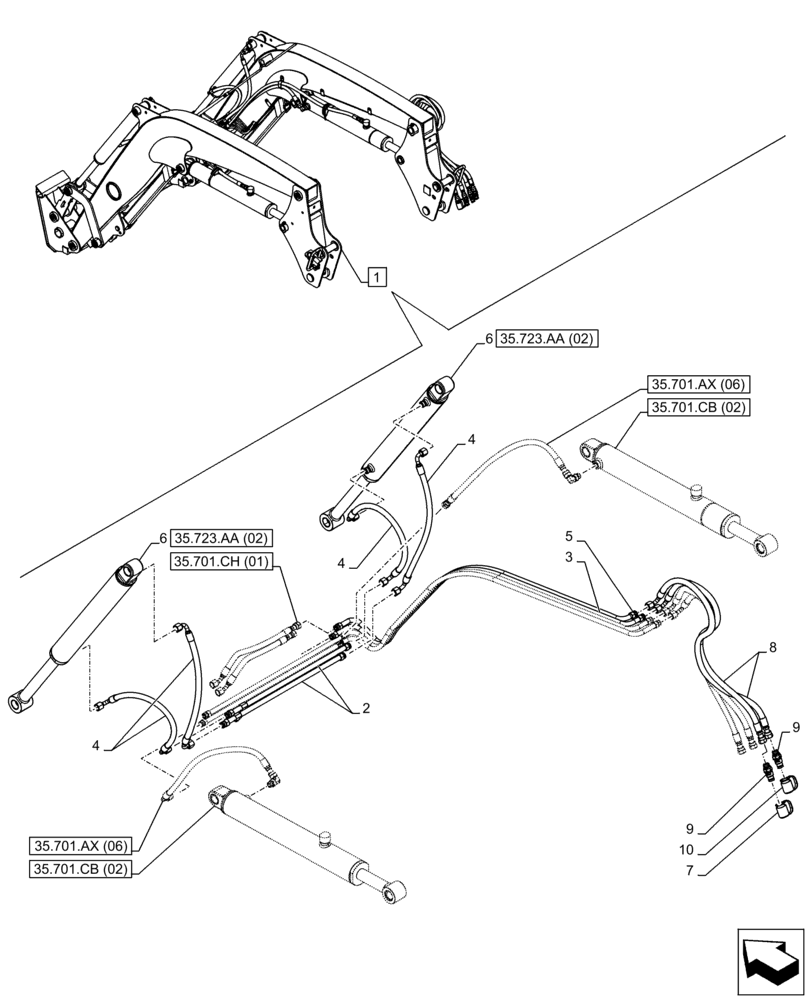 Схема запчастей Case IH FARMALL 105C - (35.723.AB[06]) - VAR - 336741, 336743 - BUCKET CYLINDER, LINES (35) - HYDRAULIC SYSTEMS