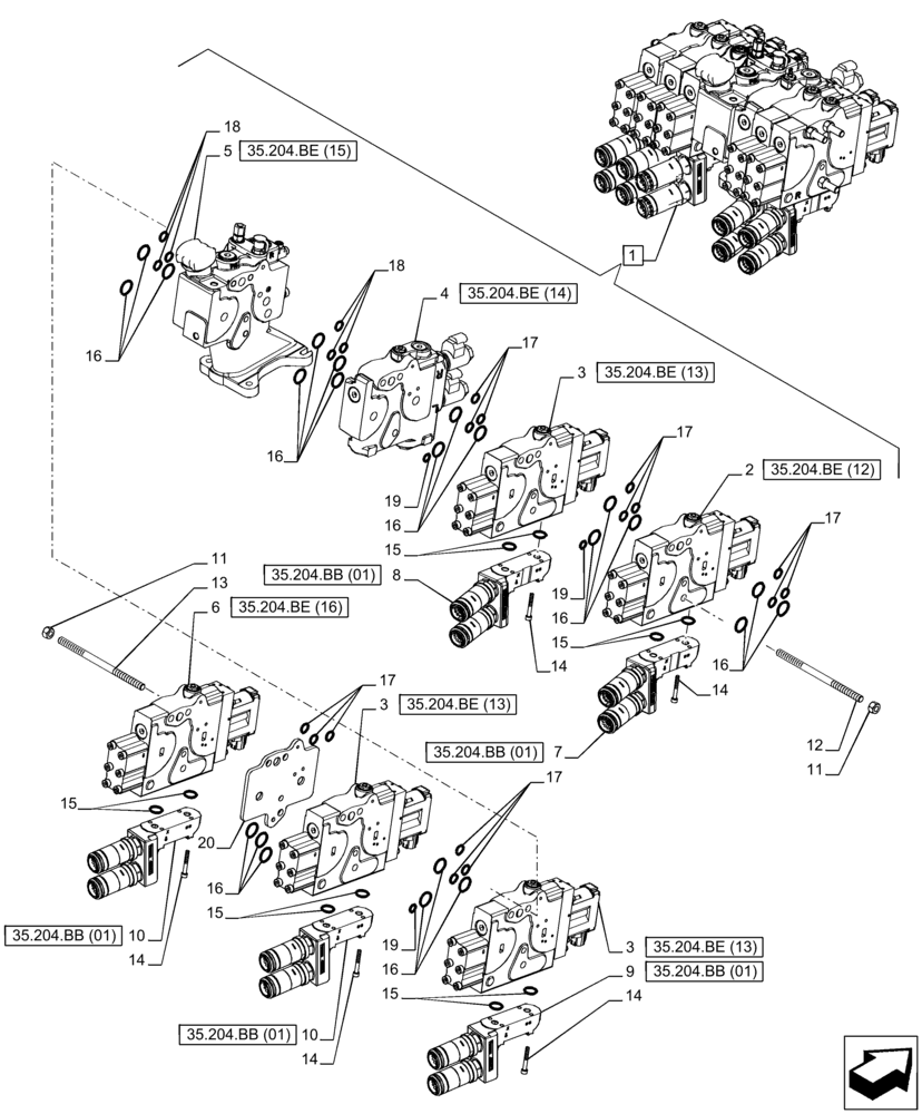 Схема запчастей Case IH PUMA 185 - (35.204.BQ[10]) - VAR - 758061 - 5 REMOTE CONTROL VALVE (EHR), COMPONENTS (35) - HYDRAULIC SYSTEMS