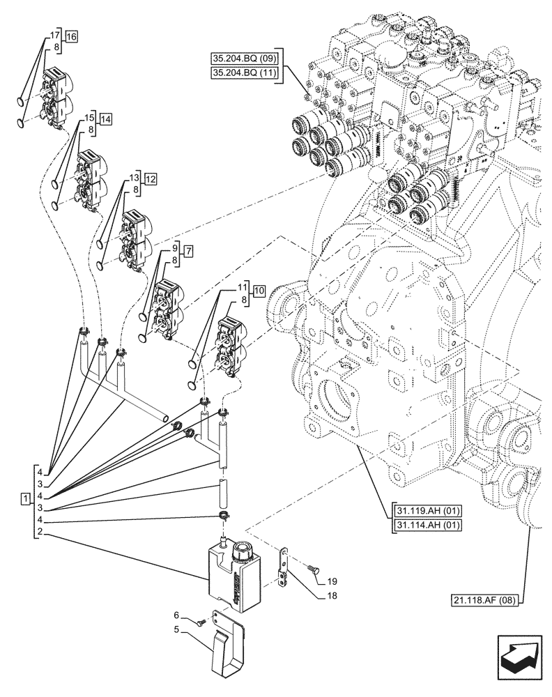 Схема запчастей Case IH PUMA 200 CVT - (35.204.BW[03]) - VAR - 758061 - 5 REMOTE CONTROL VALVE, RESERVOIR (35) - HYDRAULIC SYSTEMS