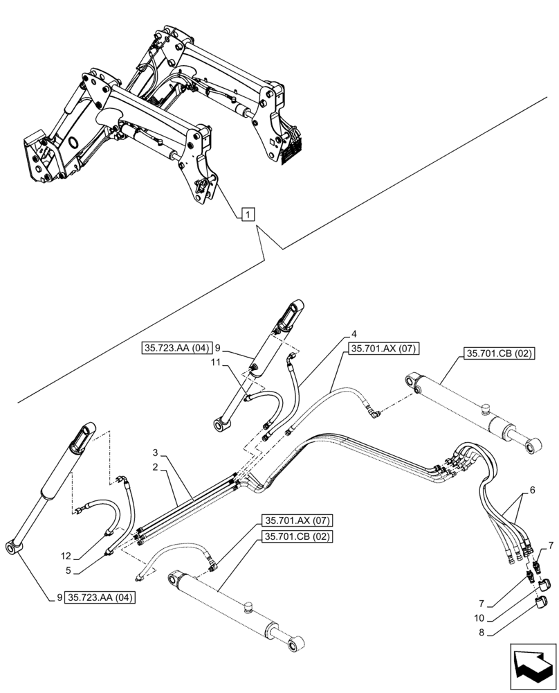 Схема запчастей Case IH FARMALL 115C - (35.723.AB[07]) - VAR - 335490, 337490, 336744, 336746 - BUCKET CYLINDER, LINES (35) - HYDRAULIC SYSTEMS