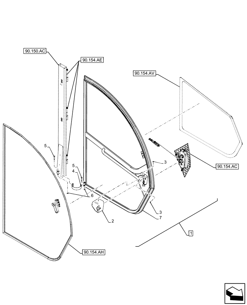 Схема запчастей Case IH FARMLIFT 935 - (90.154.AA[03]) - CAB DOOR, FRAME, UPPER (90) - PLATFORM, CAB, BODYWORK AND DECALS