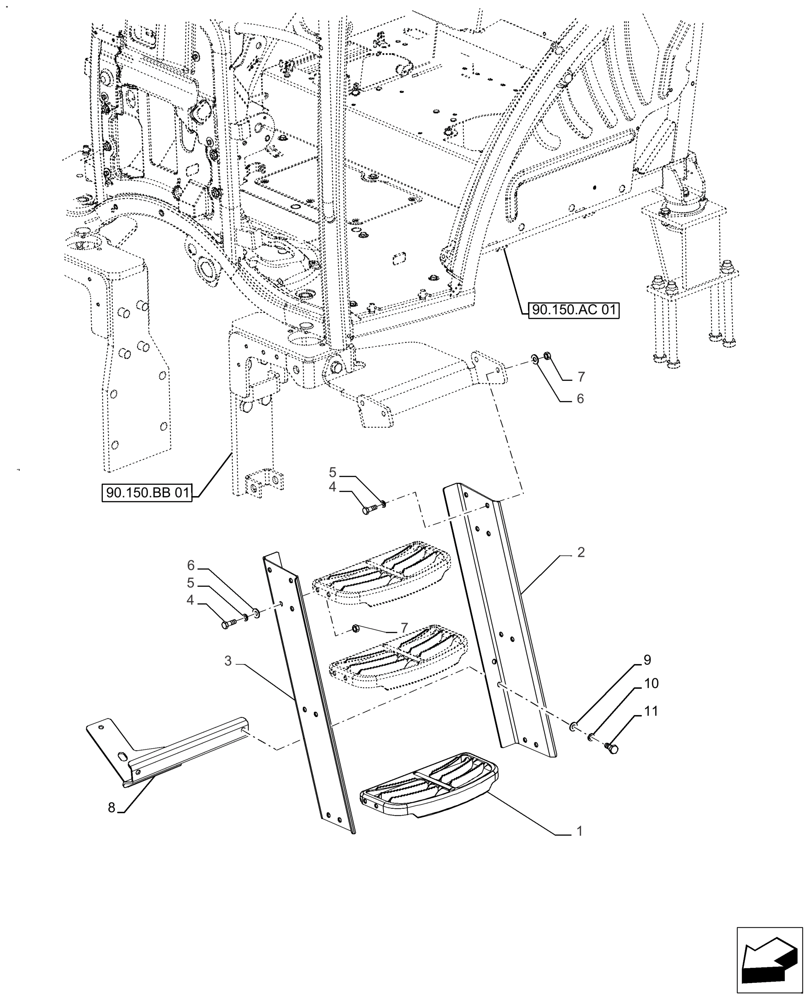 Схема запчастей Case IH FARMALL 140A - (90.118.CE[01]) - VAR - 390460, 337102, 391610 - OPERATORS LADDER, LEFT SIDE (90) - PLATFORM, CAB, BODYWORK AND DECALS